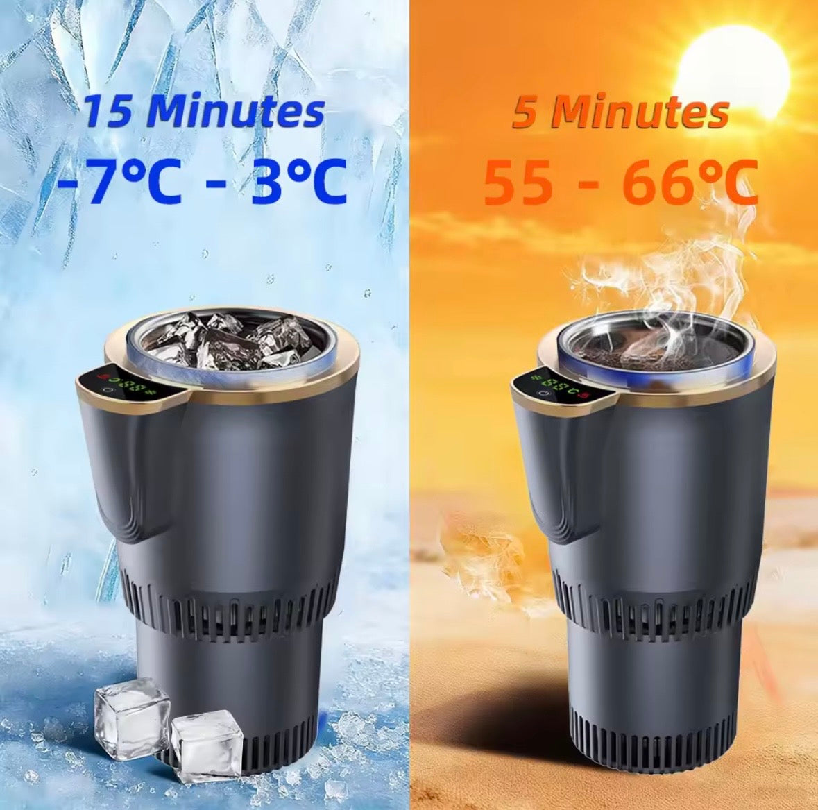 2 in 1 Smart Car Home Thermo Electric Cup Fast Cooling Heating Drink Warmer Cooler Large Screen Big Buttons 12V Plug and Play